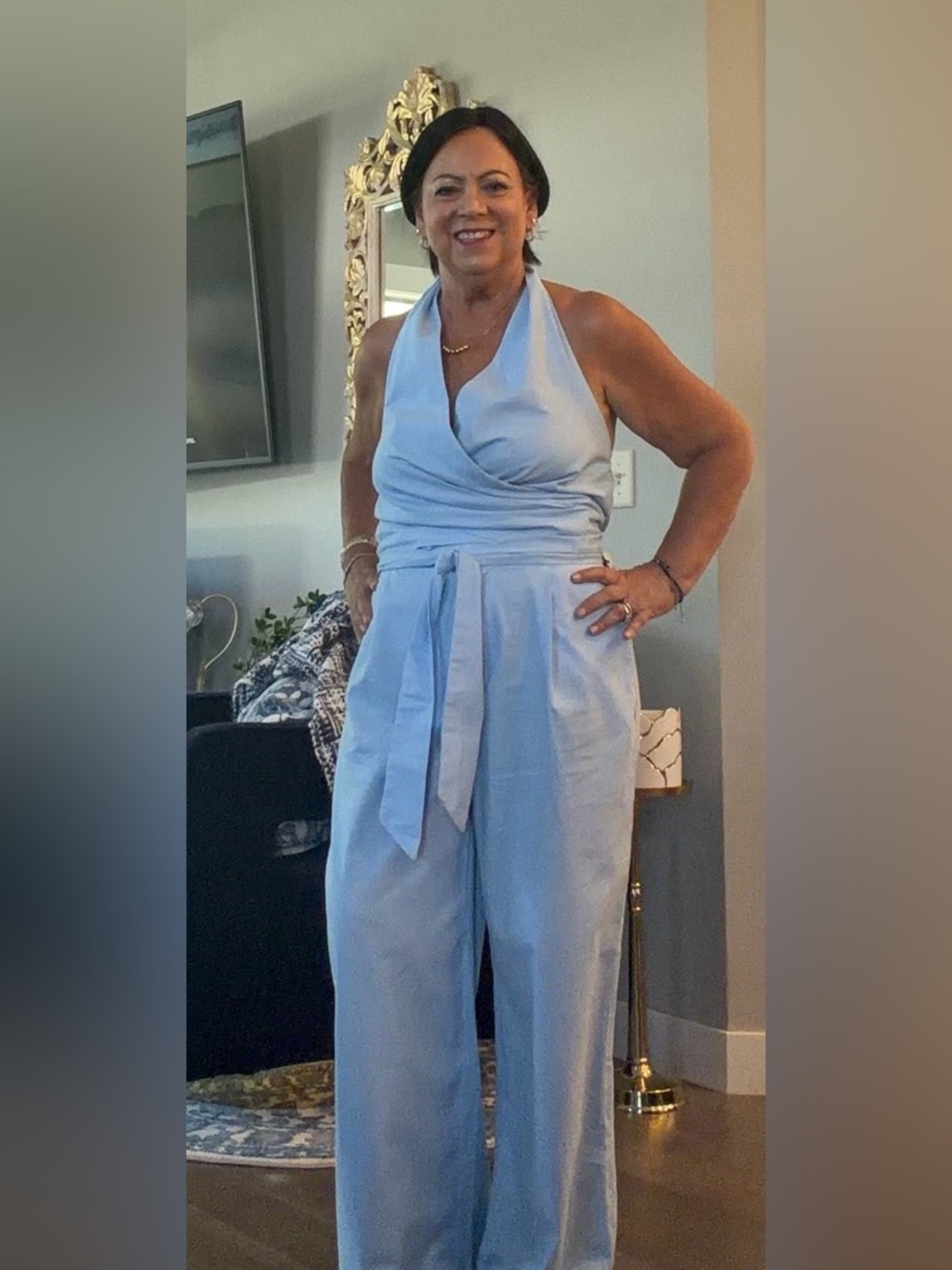 Commense Light Blue Halter Wrap Jumpsuit with Waist Tie
